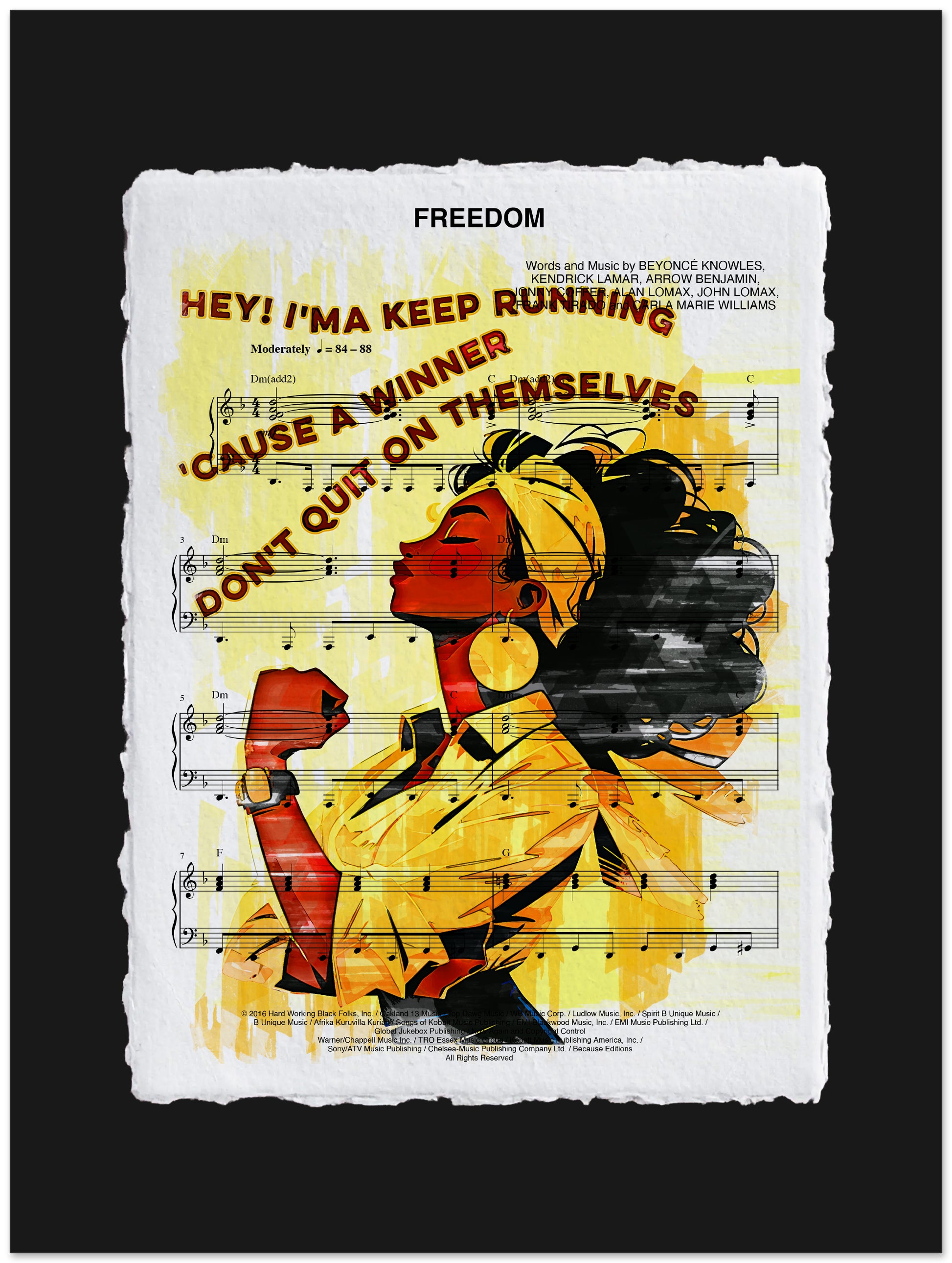 Artistic depiction of a woman with text and sheet music on a black background