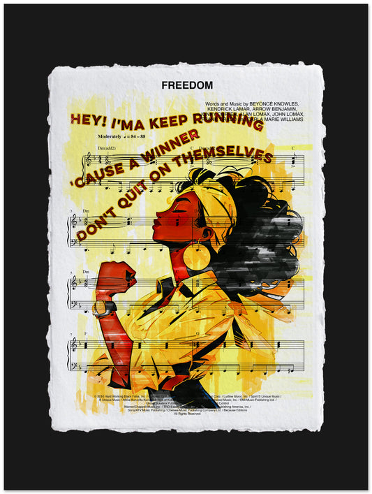 Artistic depiction of a woman with text and sheet music on a black background