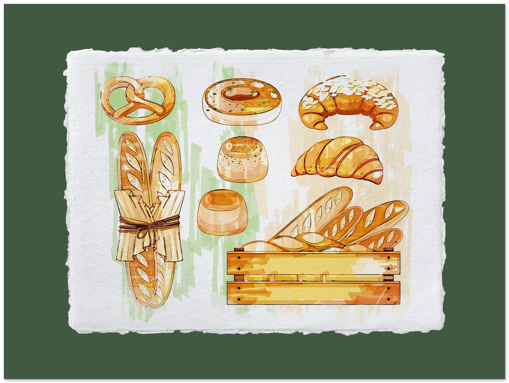 Illustration of various bread items on a textured paper background