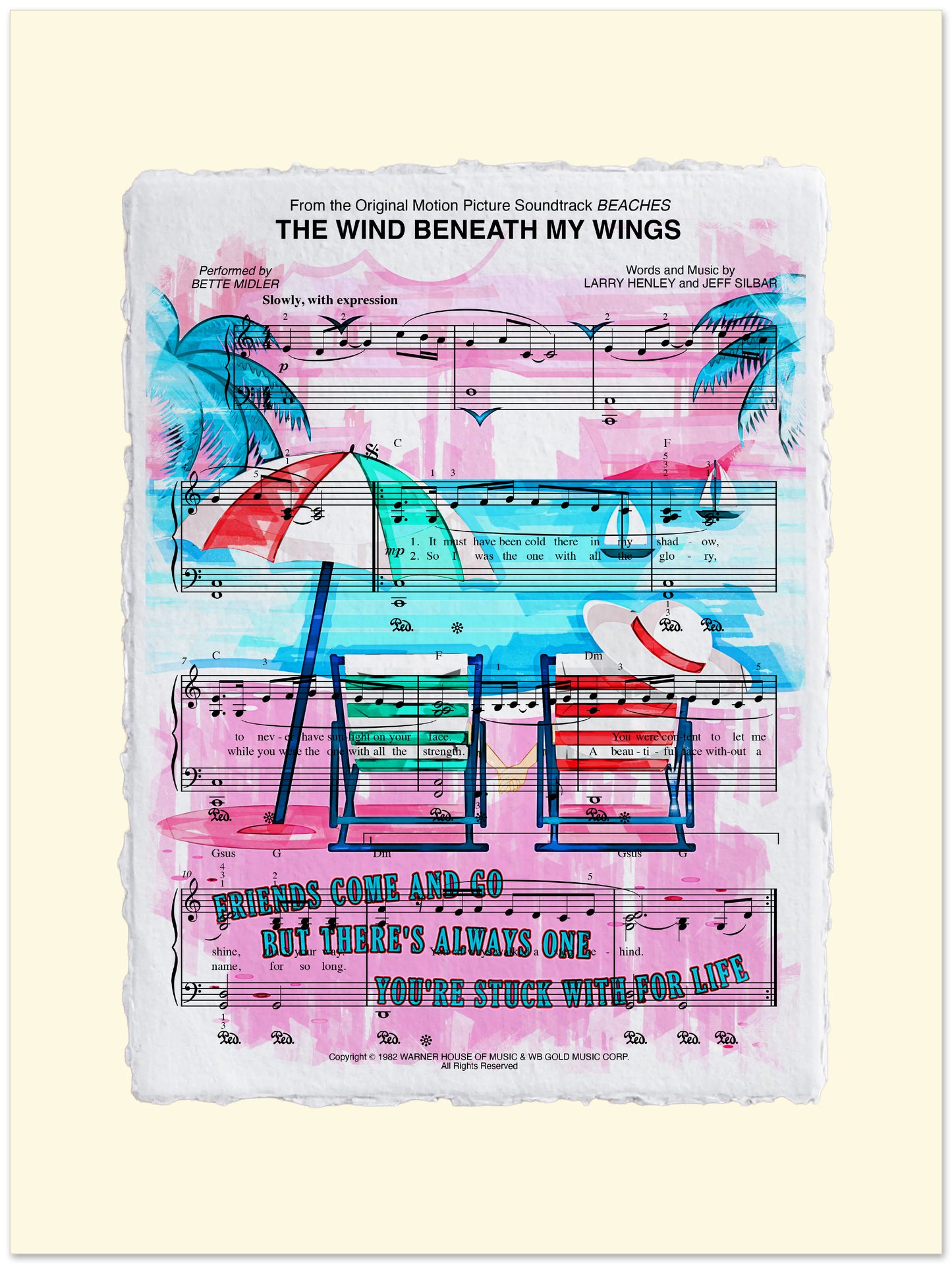 Sheet music cover for 'The Wind Beneath My Wings' with colorful illustrations on a light yellow background