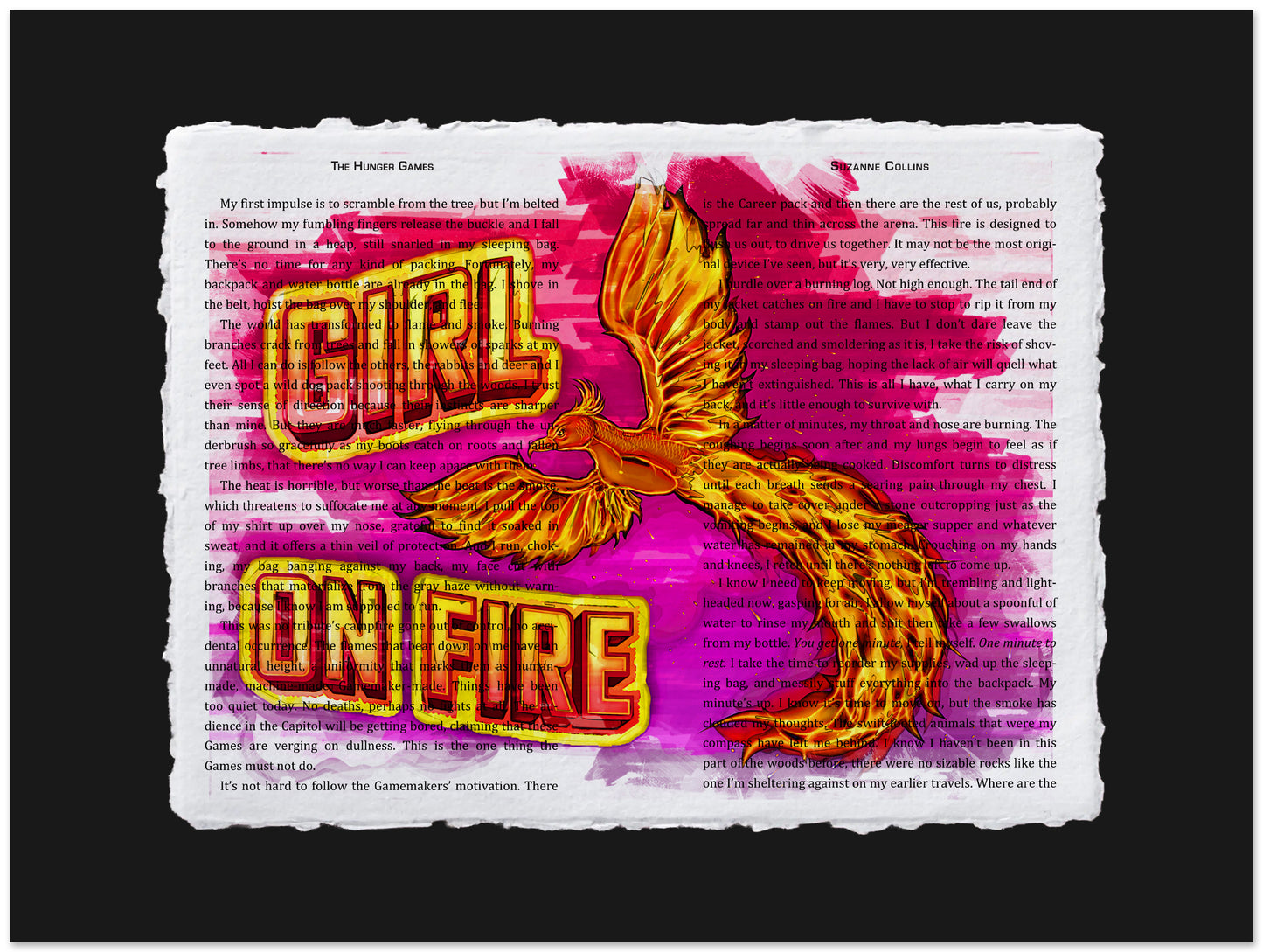 Artistic depiction of a phoenix with 'Girl on Fire' text on a textured background