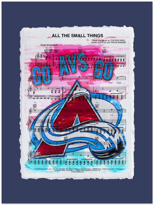 Artistic design with 'GO AVS GO' text and a logo on sheet music, against a dark blue background.