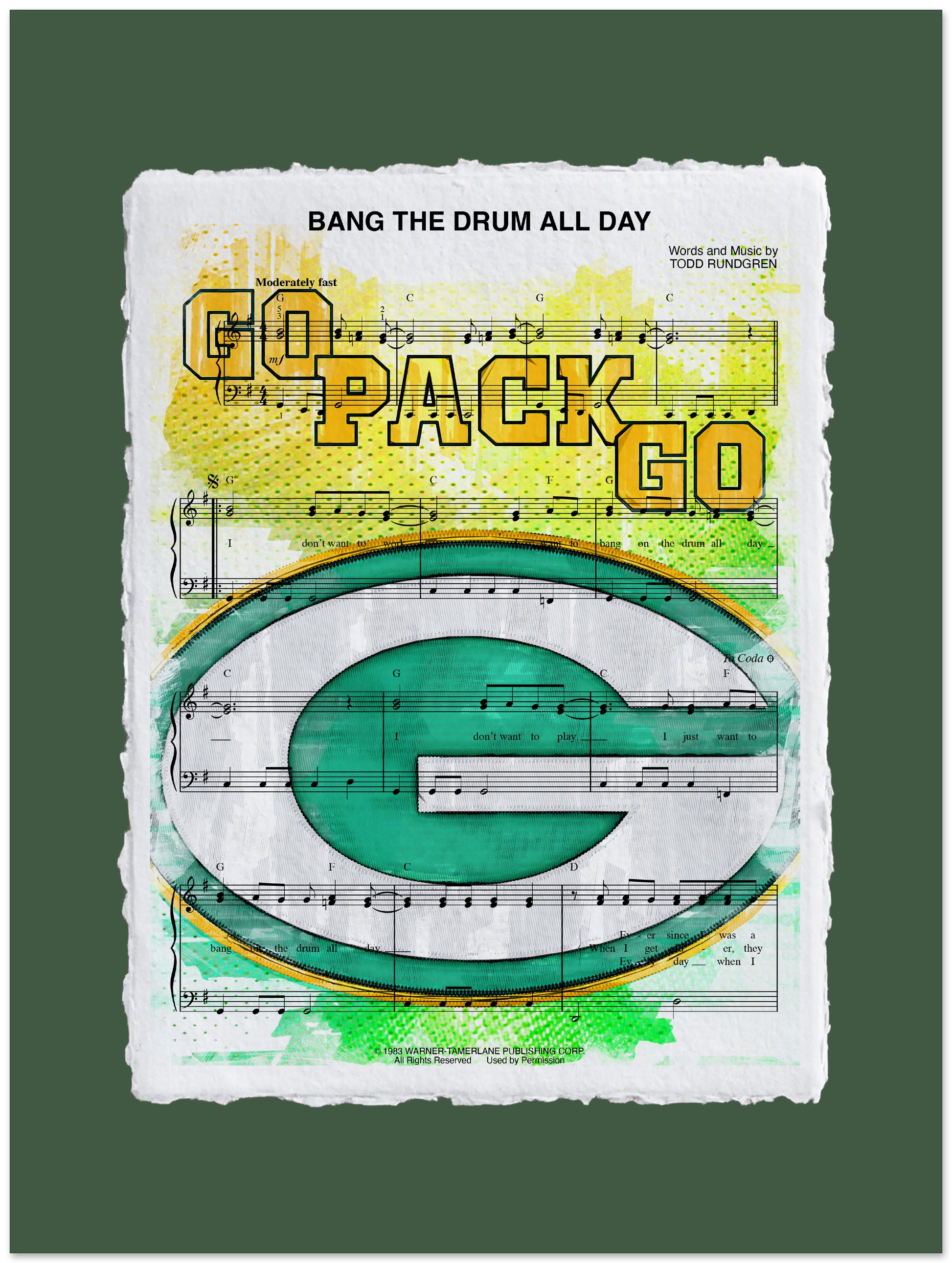 Packers Football  logo with Go Pack Go and 'Bang The Drum All Day' text on a green background