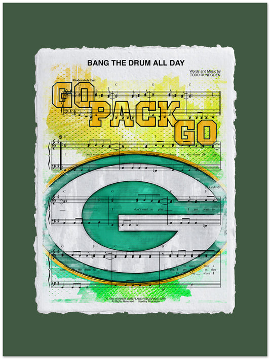 Packers Football  logo with Go Pack Go and 'Bang The Drum All Day' text on a green background