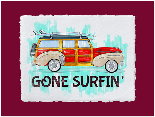 Vintage car with surfboard on roof and 'Gone Surfin'' text against a colorful abstract background