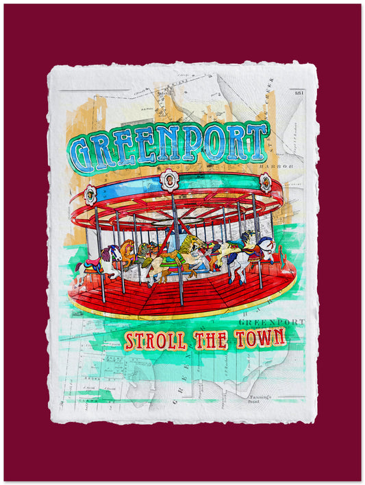 Colorful illustration of a carousel with 'Greenport Stroll the Town' text on a map background.