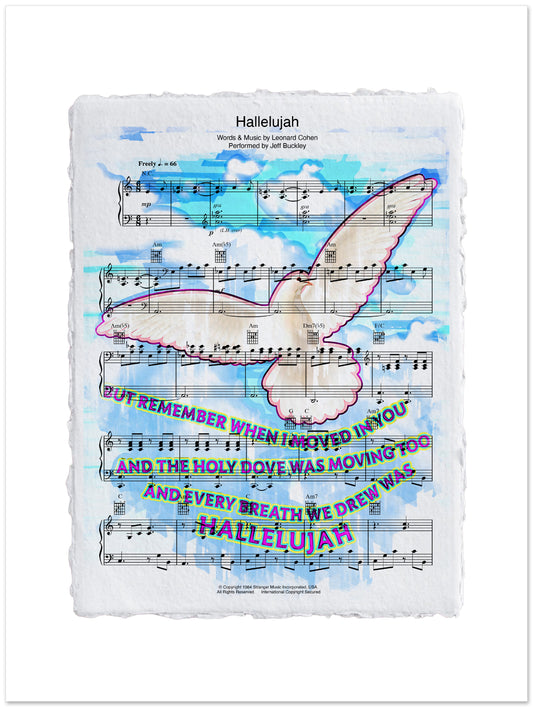 Sheet music with a dove and colorful text overlay on a white background