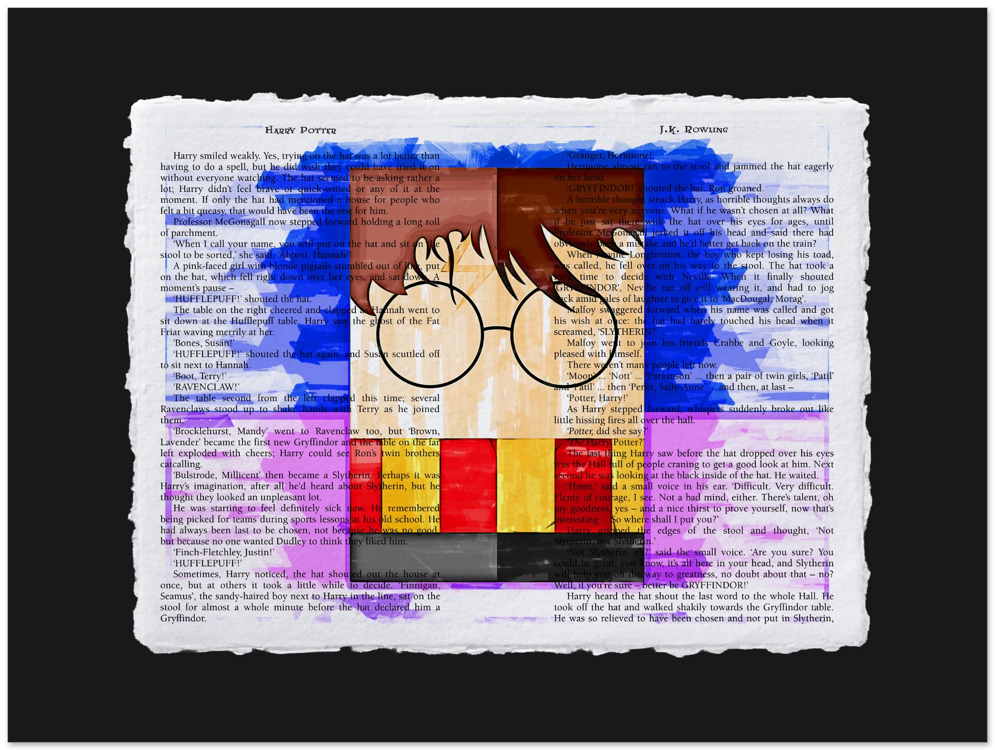 Artistic depiction of a character with glasses on a book page background