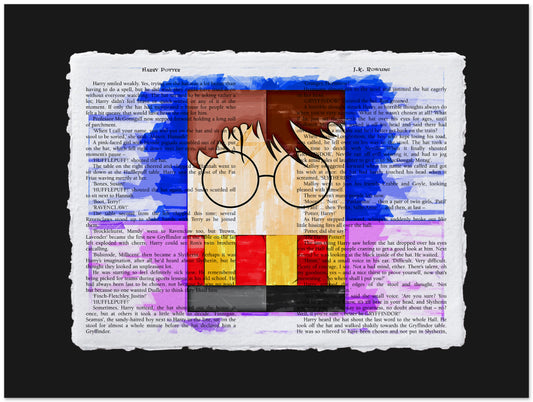 Artistic depiction of a character with glasses on a book page background