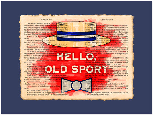 Vintage-style text collage with a bowler hat and 'Hello, Old Sport' text on a blue background