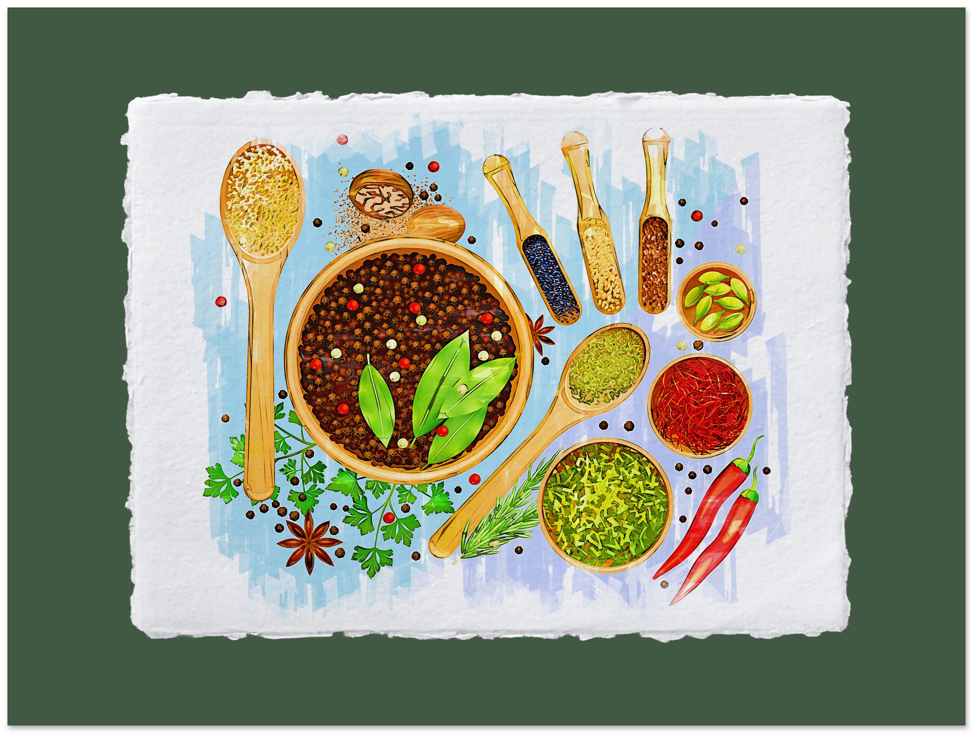 Illustration of various spices and herbs on a textured background