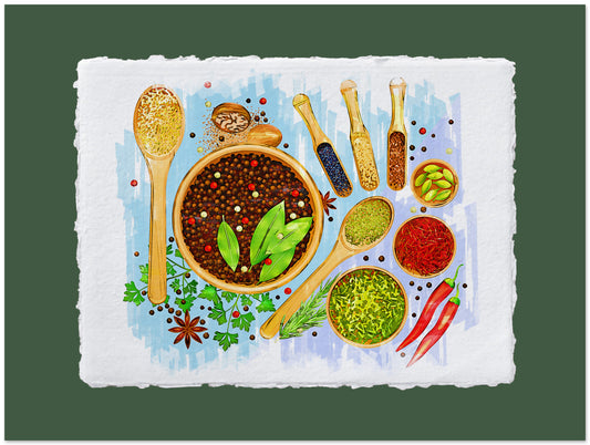 Illustration of various spices and herbs on a textured background