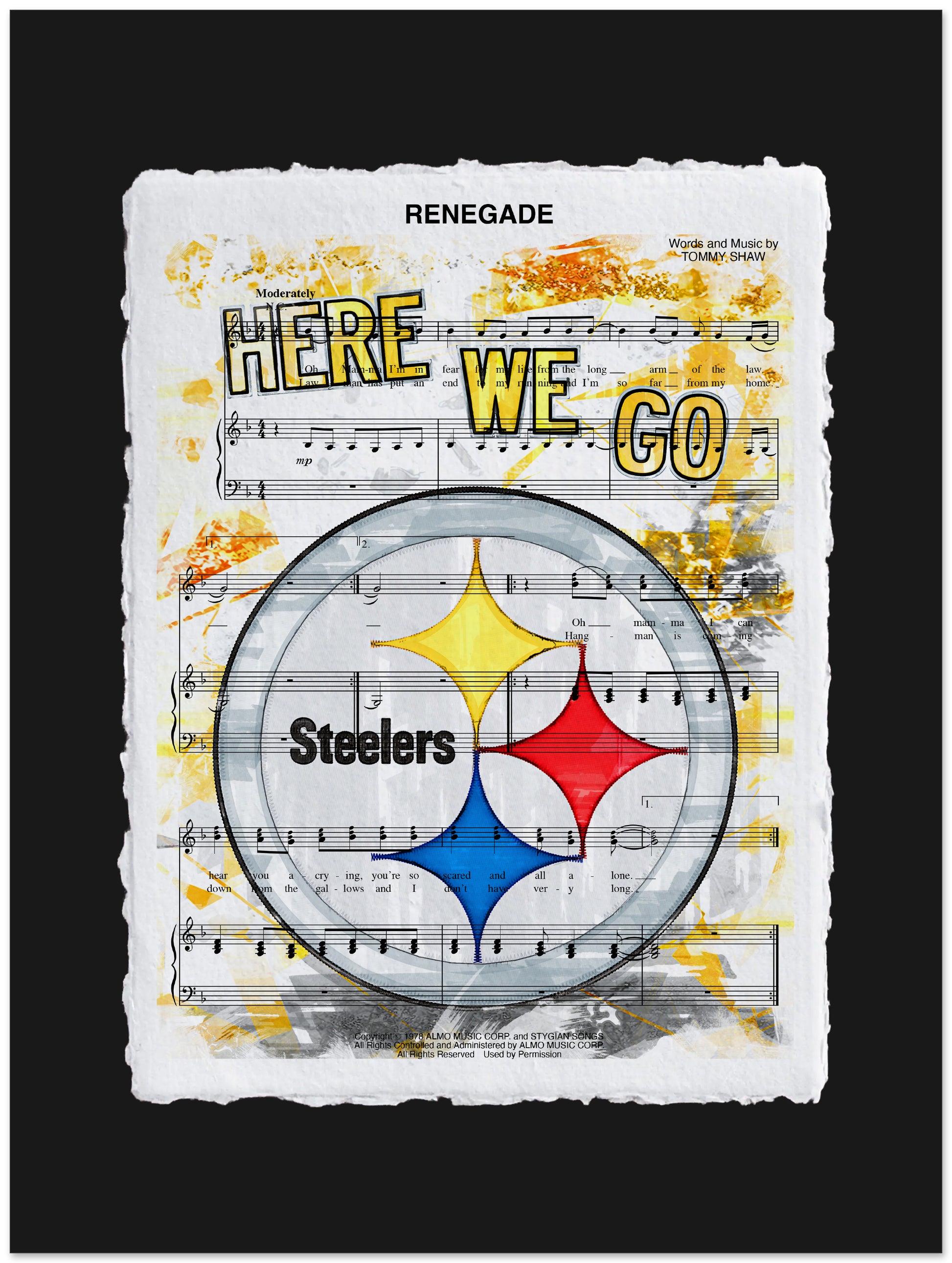 Pittsburgh Steelers logo on sheet music with 'Here We Go' text