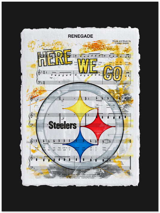 Pittsburgh Steelers logo on sheet music with 'Here We Go' text