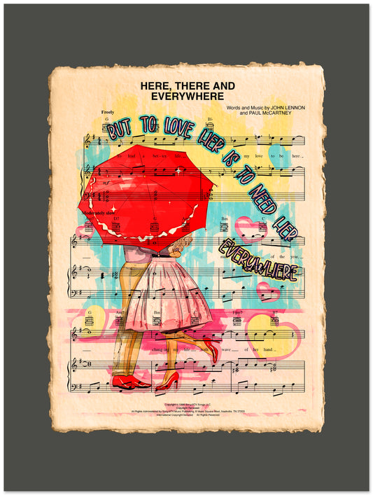 Sheet music cover with a stylized illustration of a couple and a red heart, on a dark background.