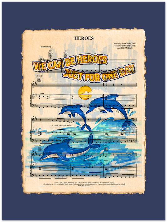 Sheet music with dolphins and text on a blue background