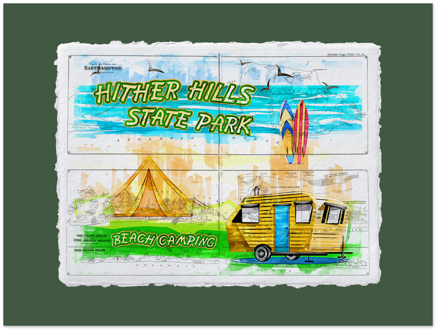 Illustrated postcard of Hither Hills State Park with a camper, tent, and surfboard.