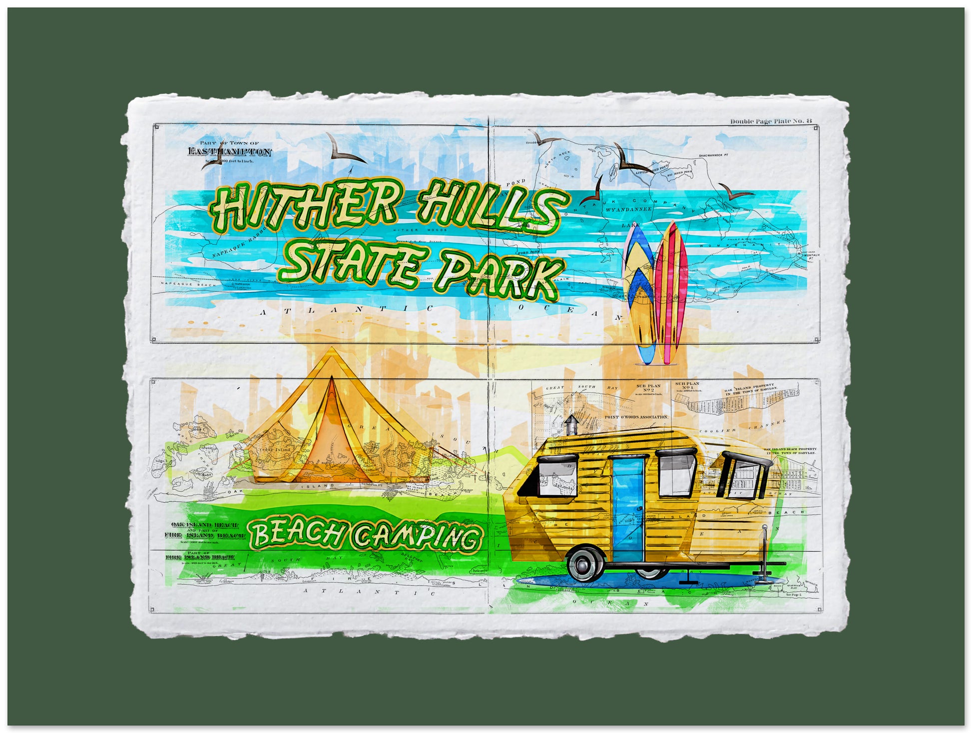 Illustrated postcard of Hither Hills State Park with a camper, tent, and surfboard.