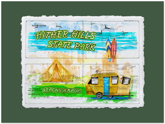 Illustrated postcard of Hither Hills State Park with a camper, tent, and surfboard.