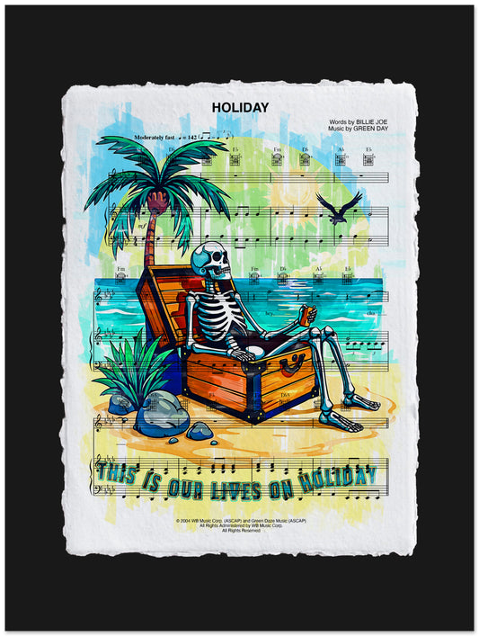 Skeletal character lounging on a beach with palm trees and ocean, inspired by a holiday song lyric sheet.