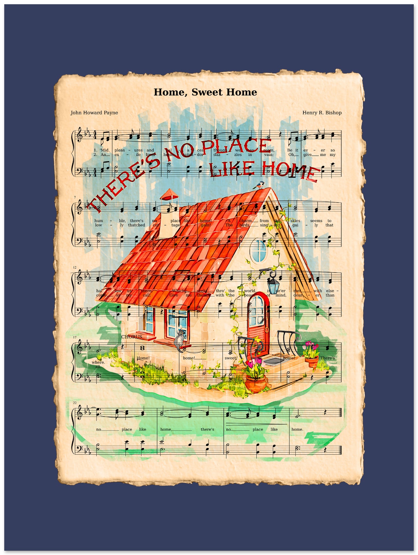 Sheet music with a house illustration and text 'There's no place like home' on a blue background