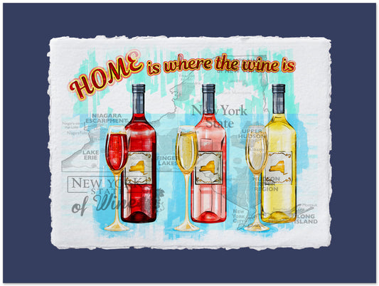Decorative sign with wine bottles and glasses on a map background with 'Home is where the wine is' text.
