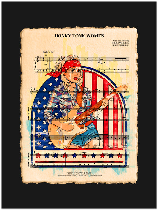 Illustration of a woman playing guitar with an American flag background on sheet music.