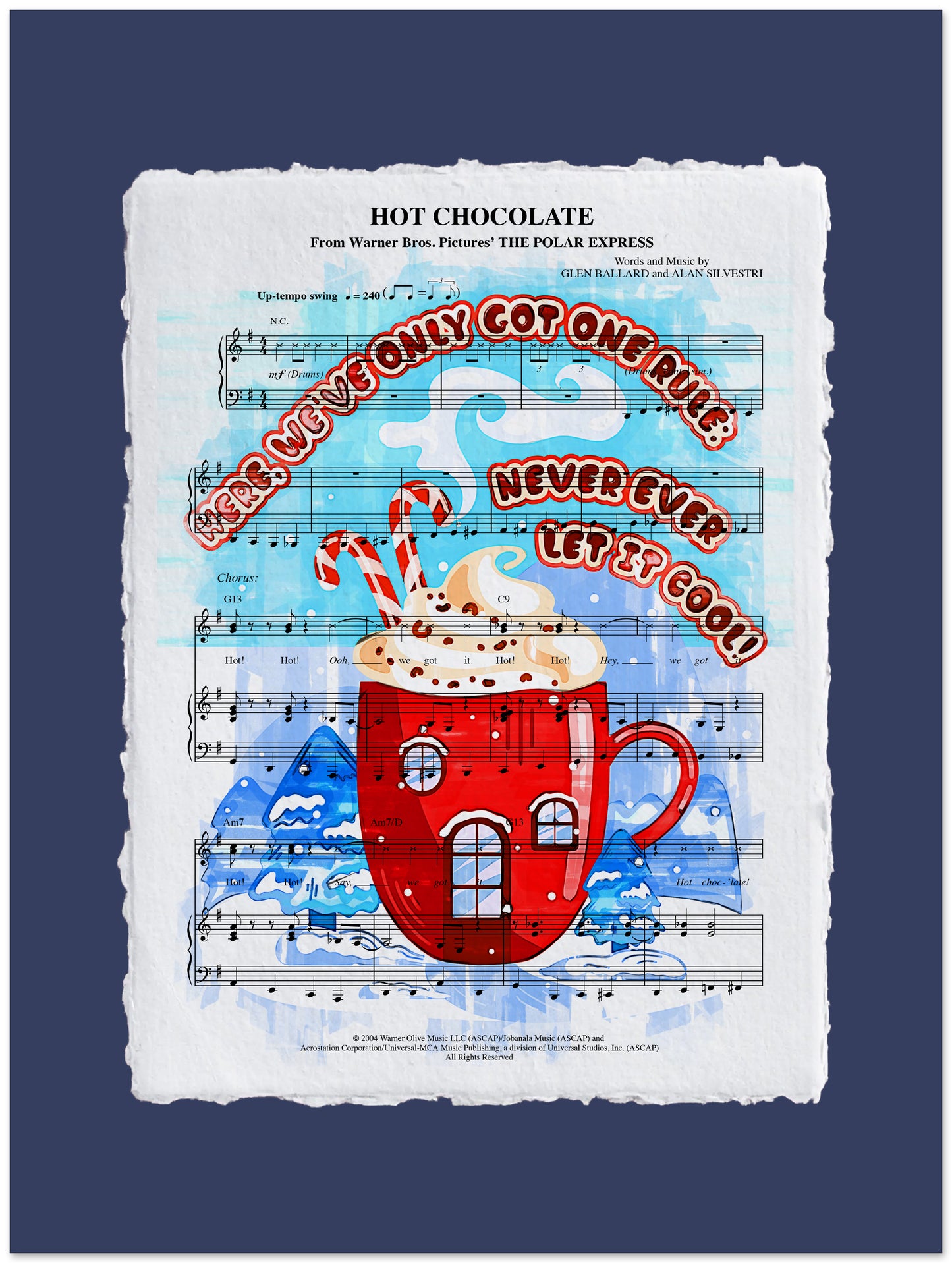 Red mug with house design on a sheet of music with text and candy canes.