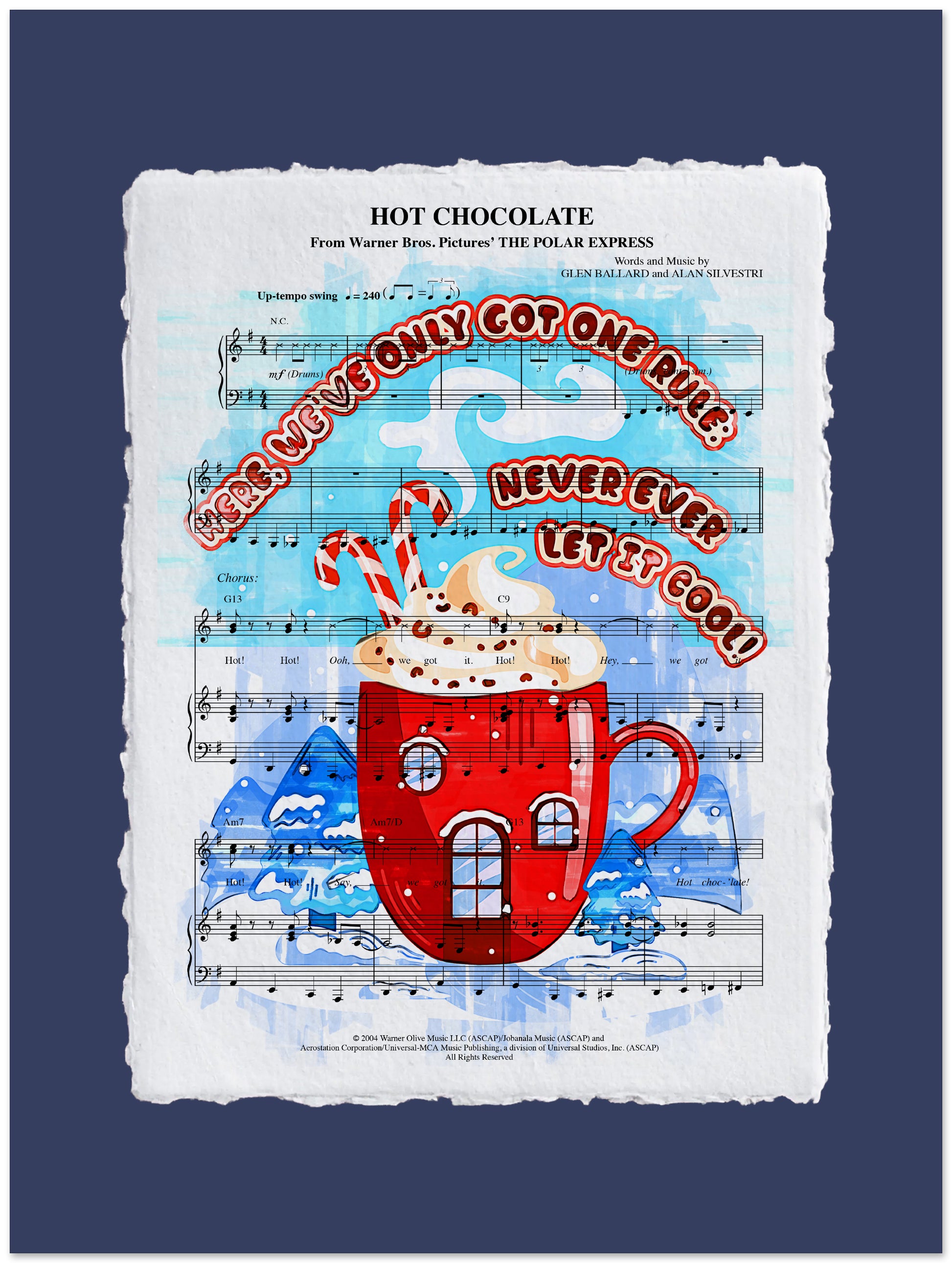 Red mug with house design on a sheet of music with text and candy canes.