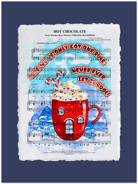 Red mug with house design on a sheet of music with text and candy canes.