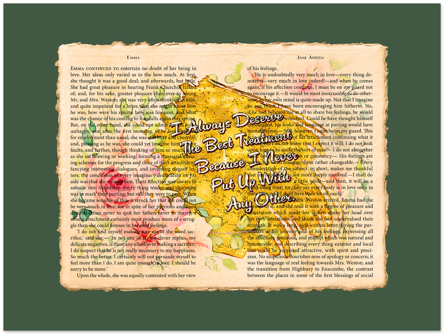 Decorative print with floral elements and text on a green background