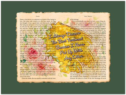 Decorative print with floral elements and text on a green background