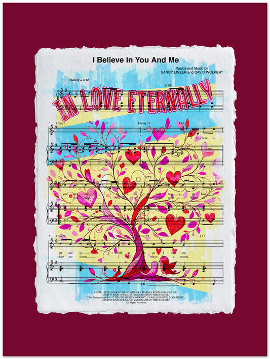 Sheet music with a colorful tree design and heart shapes on a red background