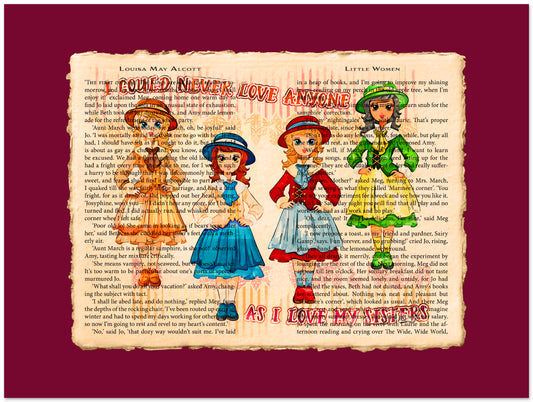 Illustration of four characters from 'Little Women' on a book page background with text.