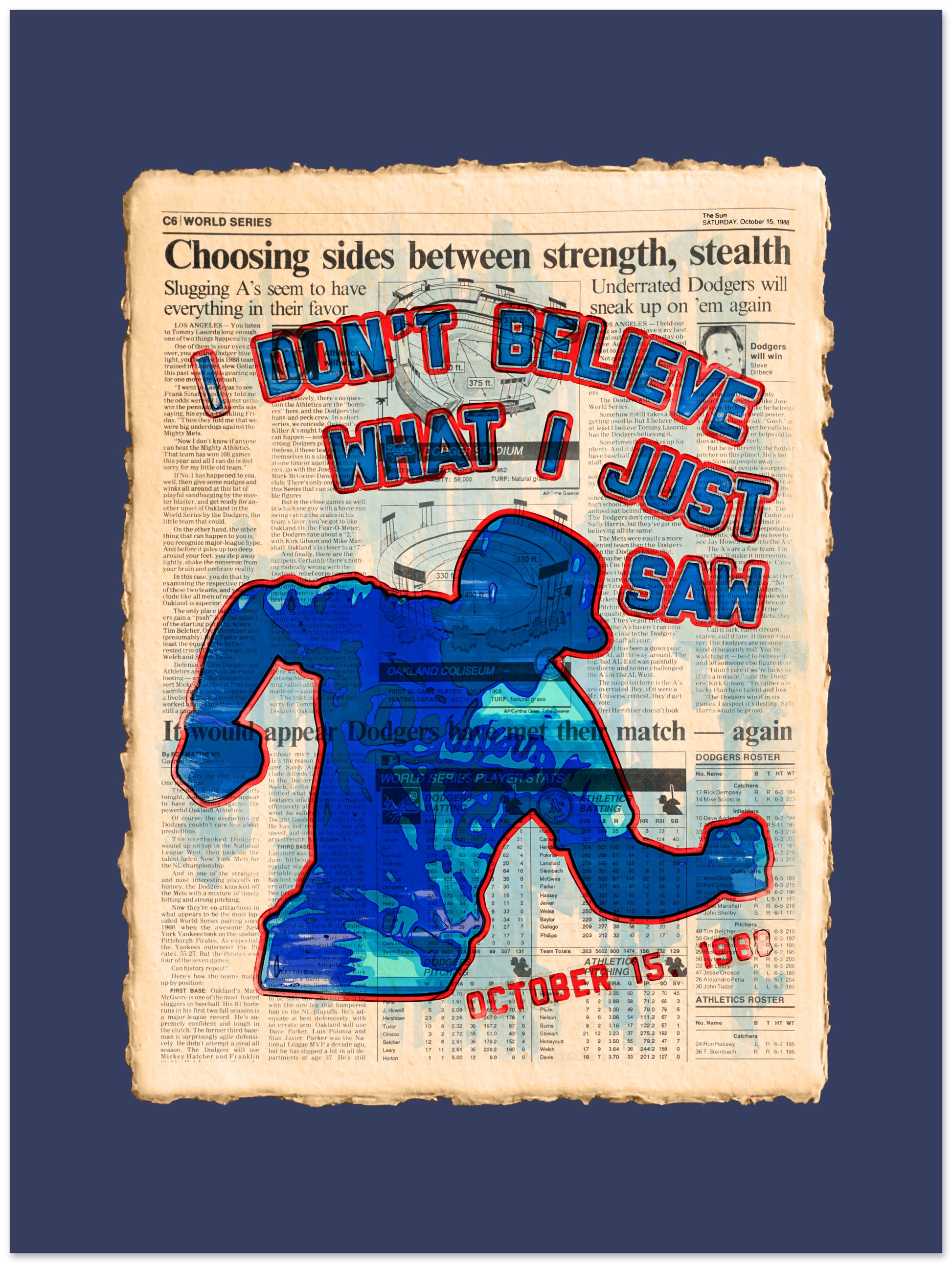 Vintage newspaper with a blue elephant graphic and text on a dark blue background