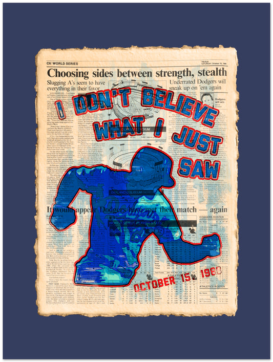 Vintage newspaper with a blue elephant graphic and text on a dark blue background