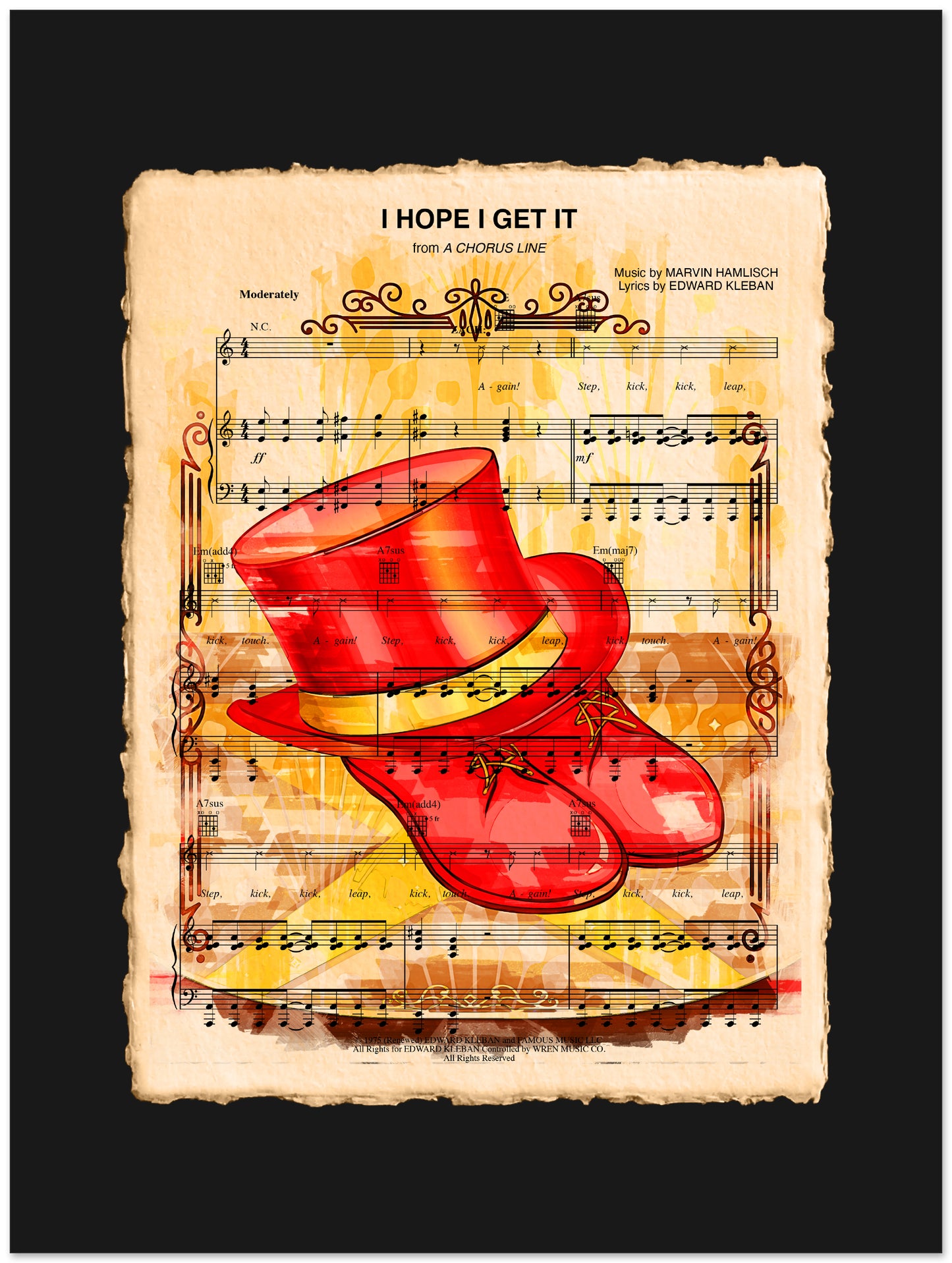 Red dance shoes on a sheet of music with sheet music text