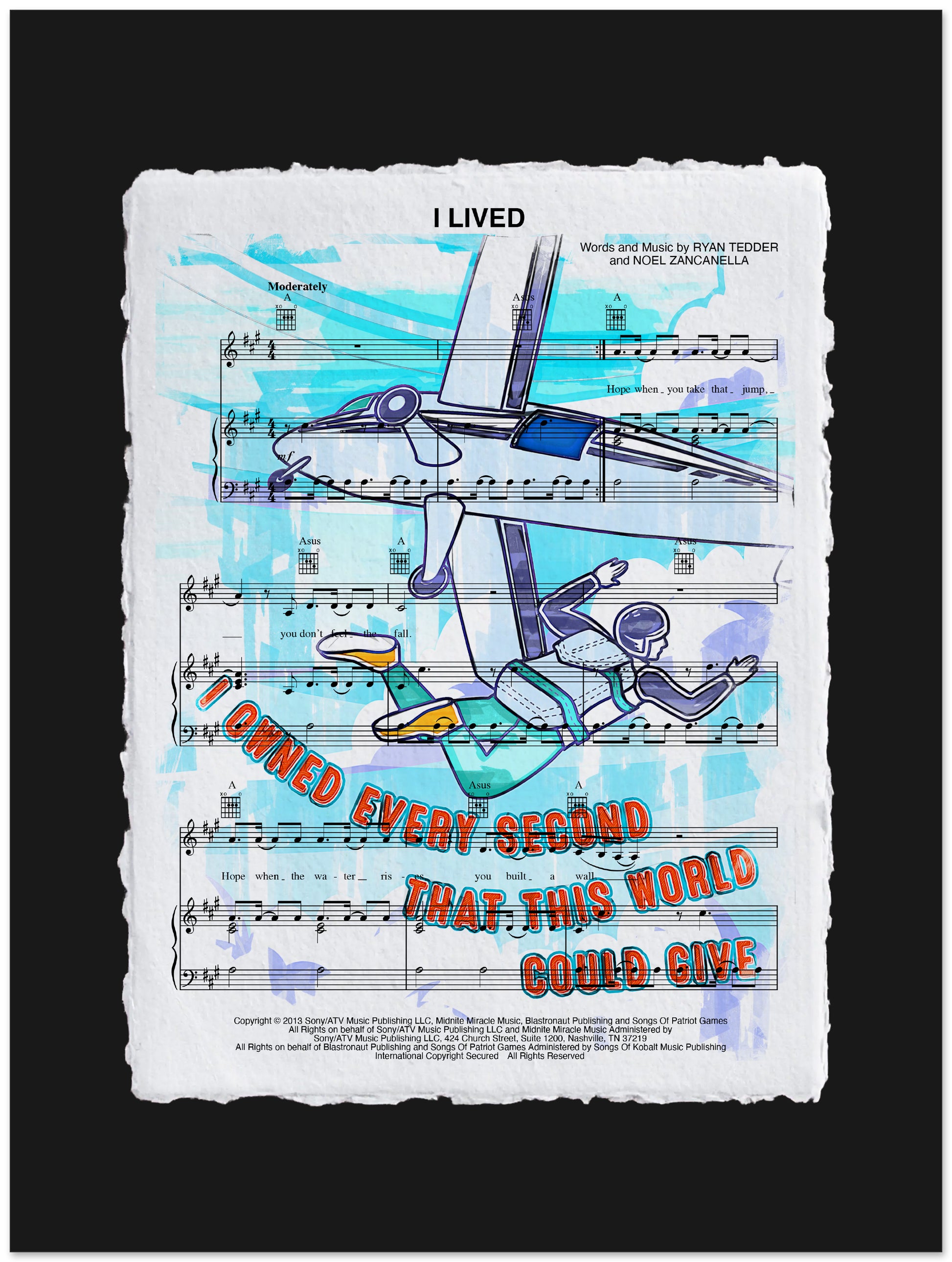 Sheet music with a stylized airplane and text on a black background