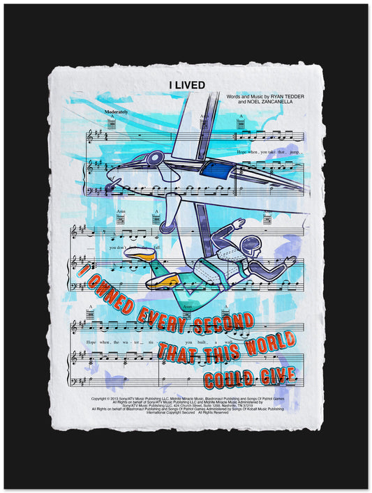 Sheet music with a stylized airplane and text on a black background