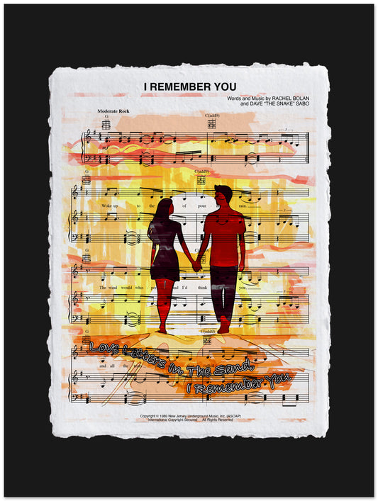 Artistic depiction of a couple holding hands on sheet music with 'I Remember You' text.