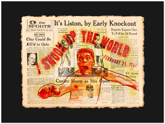 Vintage newspaper-style poster with boxing theme and text
