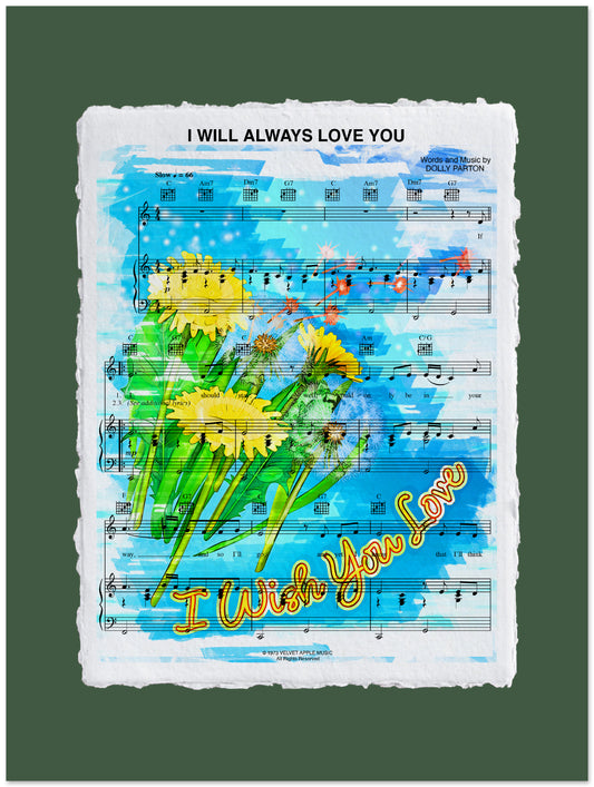 Sheet music with floral design and text 'I Will Always Love You' on a green background