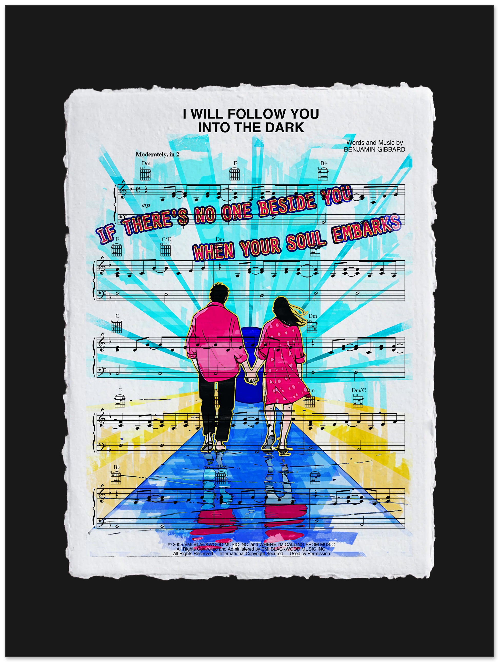 Artistic depiction of two people holding hands on a musical sheet background with colorful abstract design.