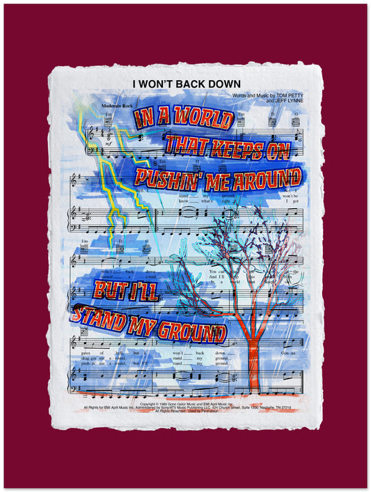 Sheet music with lyrics on a red background
