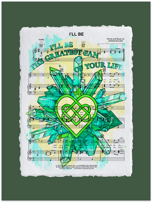 Decorative poster with emerald design and text on a sheet music background
