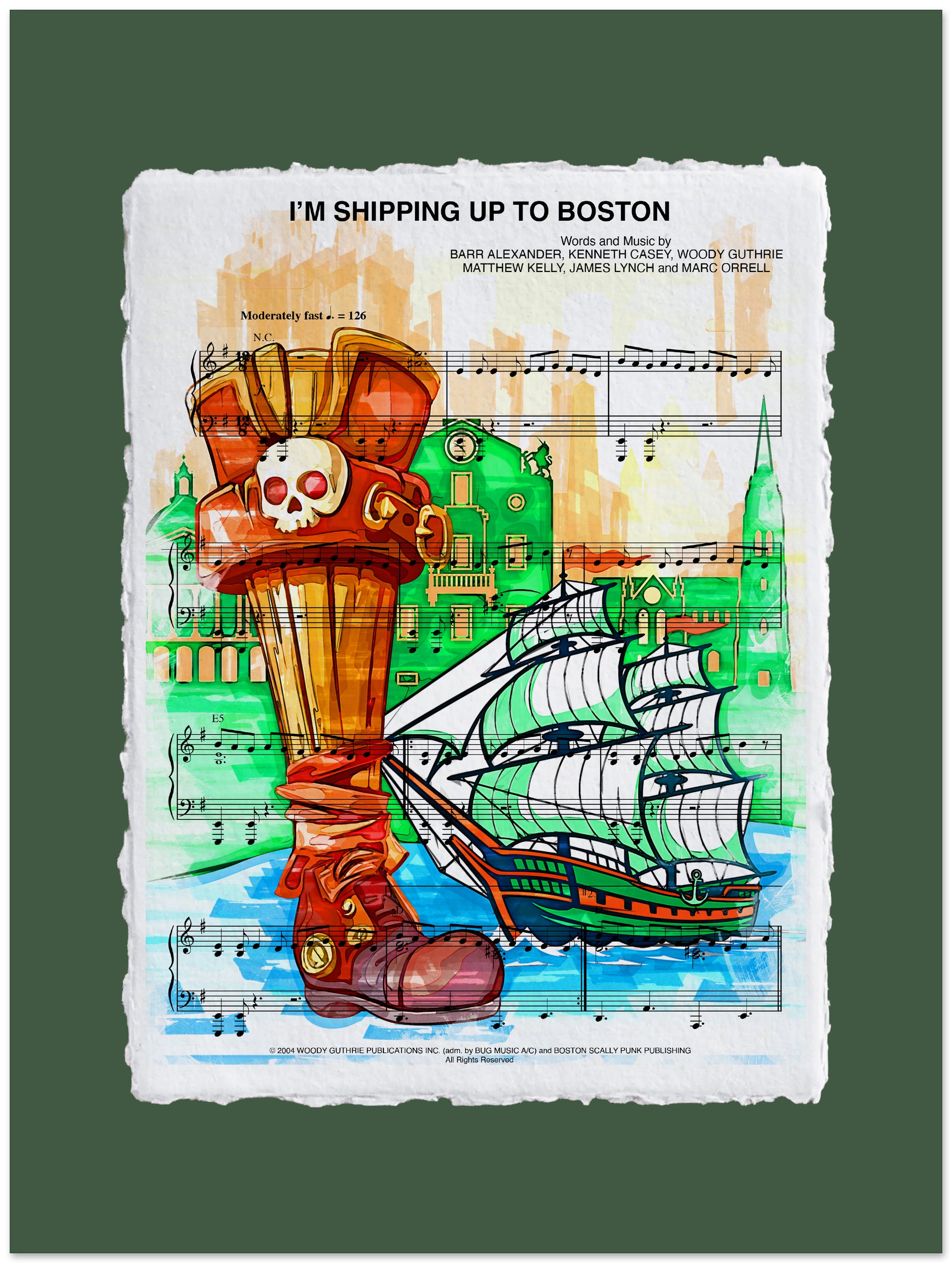 Colorful illustration of a ship and boots with musical notes and text on a green background