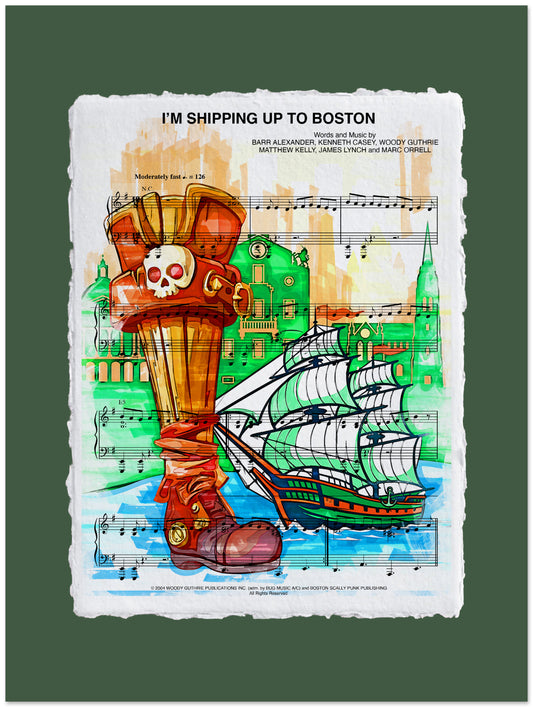 Colorful illustration of a ship and boots with musical notes and text on a green background
