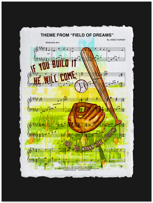 Sheet music with baseball-themed design featuring a bat, glove, and ball on a black background.