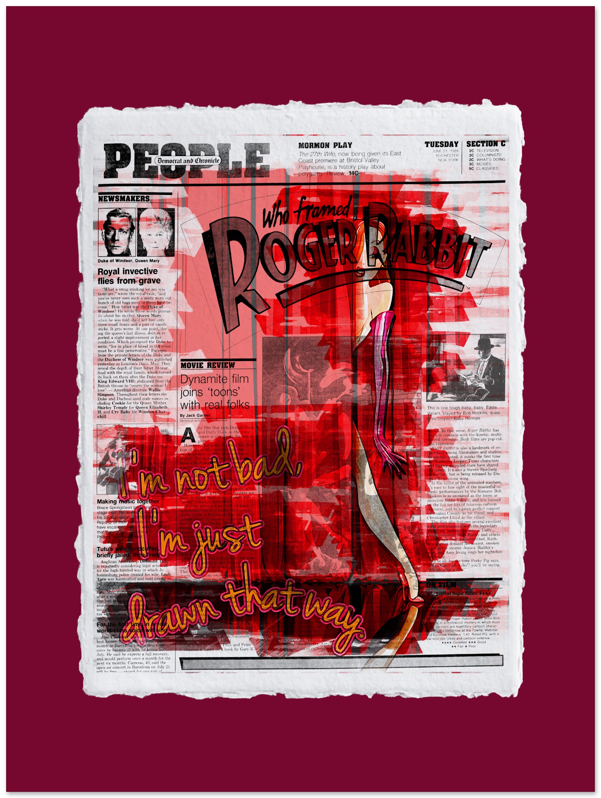Newspaper with a stylized illustration of a woman in a red dress on a red background