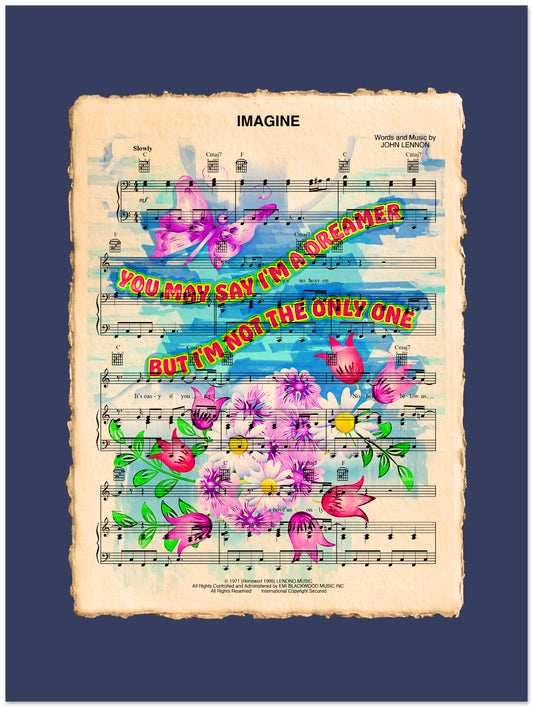 Sheet music with colorful floral design and text on a blue background